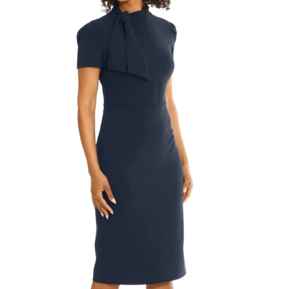 NWT Donna Morgan Navy tie neck midi sheath dress 0